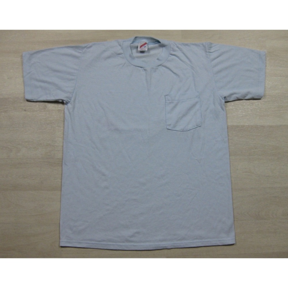 Vintage 80s Jerzees Blank‎ Pocket T Shirt Men's (L) Light Blue Single Stitch USA